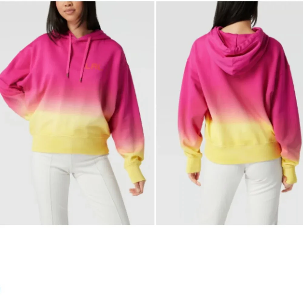 Lauren Ralph Lauren Dip-Dyed French Terry Hoodie Pink/Yellow Size Medium Women - Picture 14 of 16